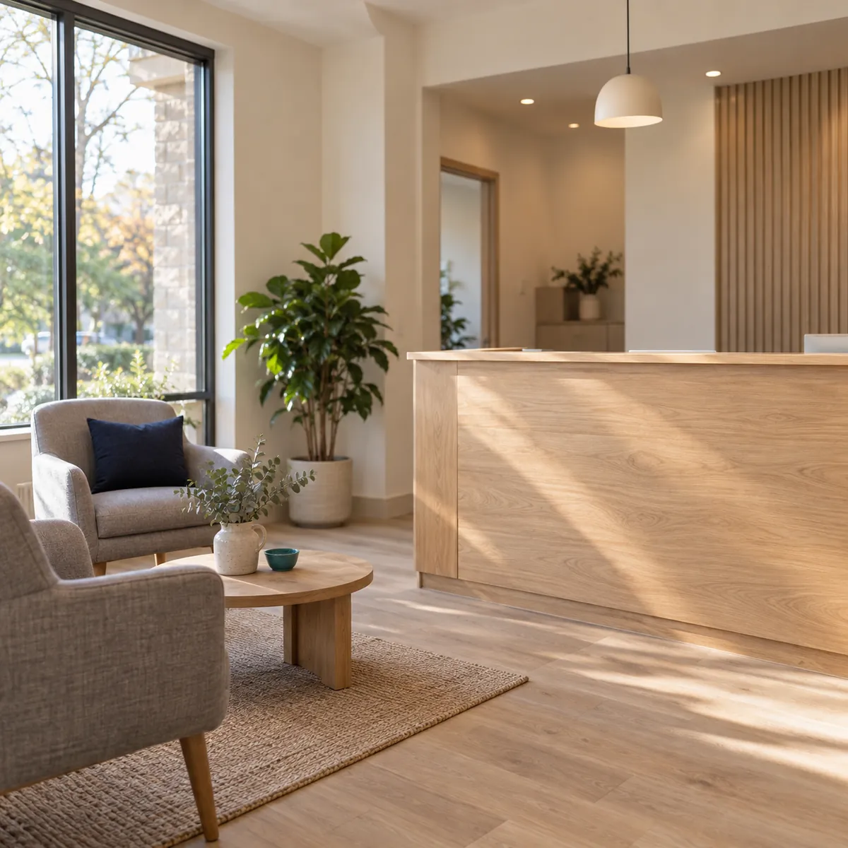 The reception area of a small hearing clinic on a bright morning, with a pale oak desk, two grey armchairs and a large window
