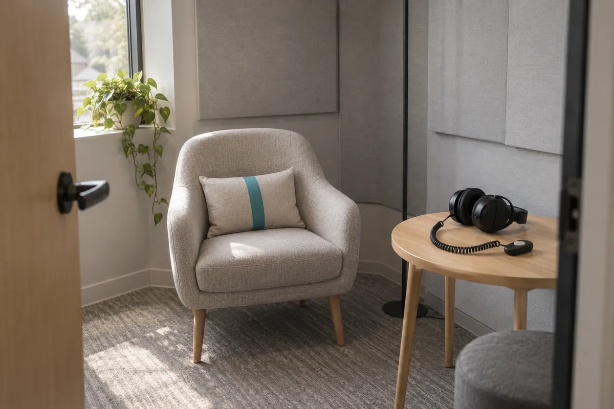 An empty hearing test room with acoustic wall panelling, a soft armchair and audiometric headphones resting on a small oak table
