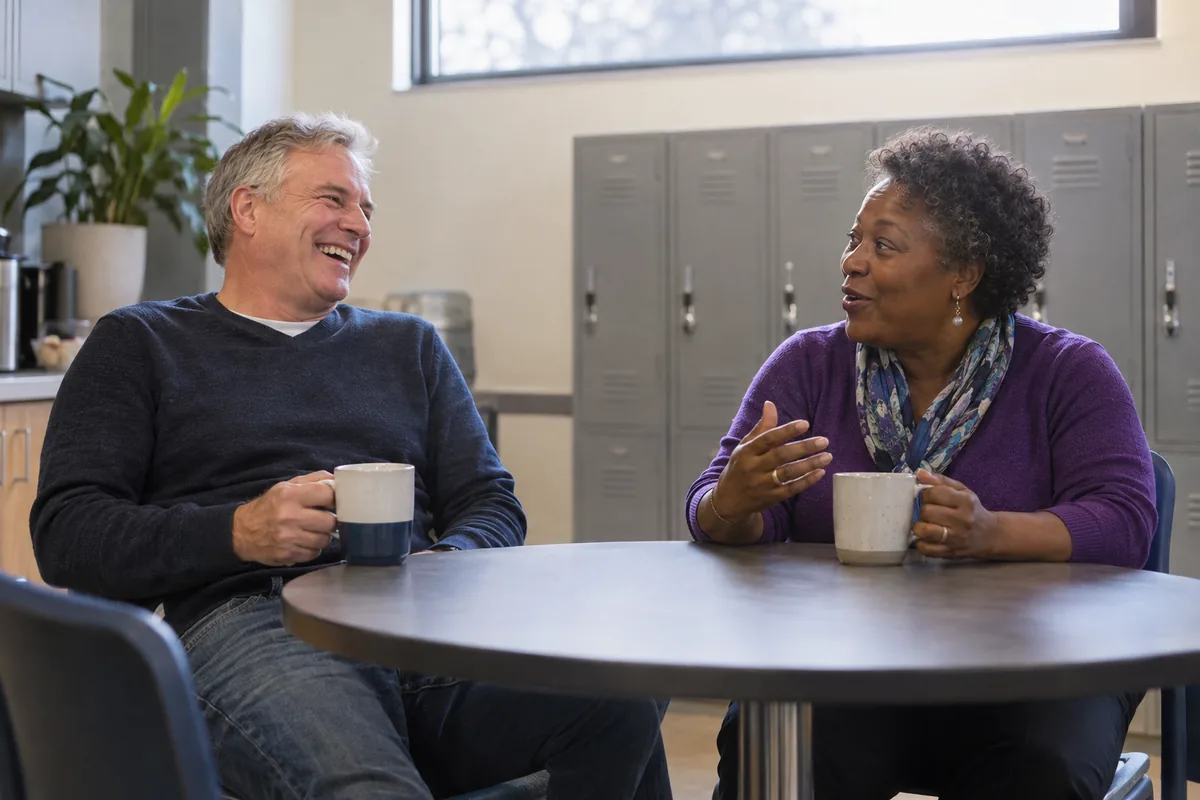 Two colleagues on a tea break in a workplace break room, mugs in hand, mid-conversation