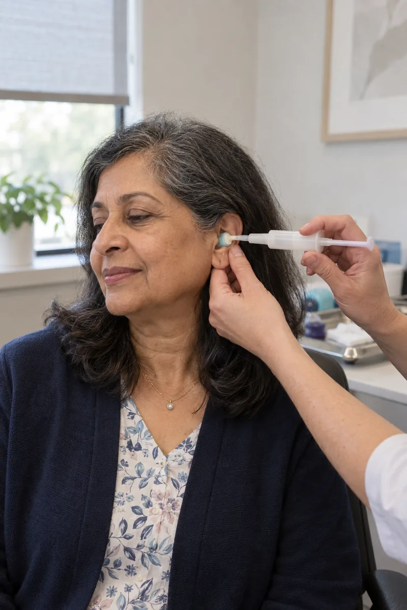 A woman sitting calmly while soft silicone impression material is placed in her ear with a small syringe