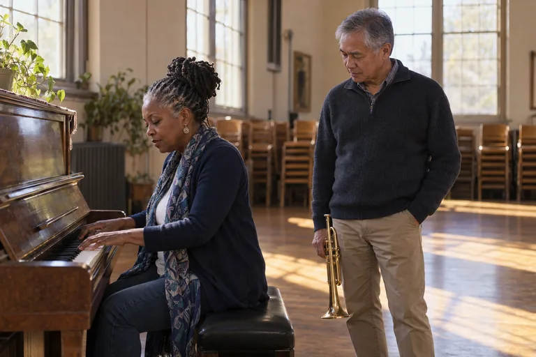 A woman playing an upright piano in a sunlit community hall while a trumpet player waits to come in