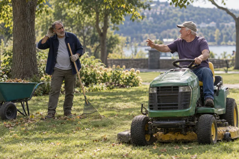 Two men on a landscaping crew in an Ontario park, one calling to the other over a running ride-on mower