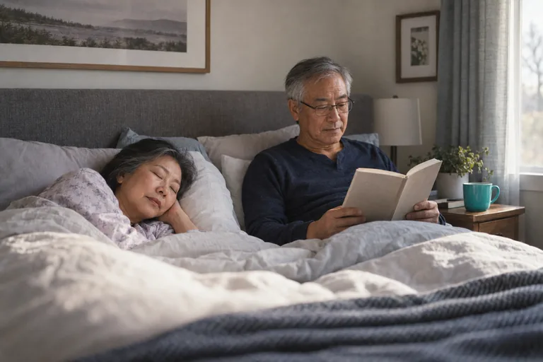 A woman asleep on her side in early morning light while her husband sits up reading beside her