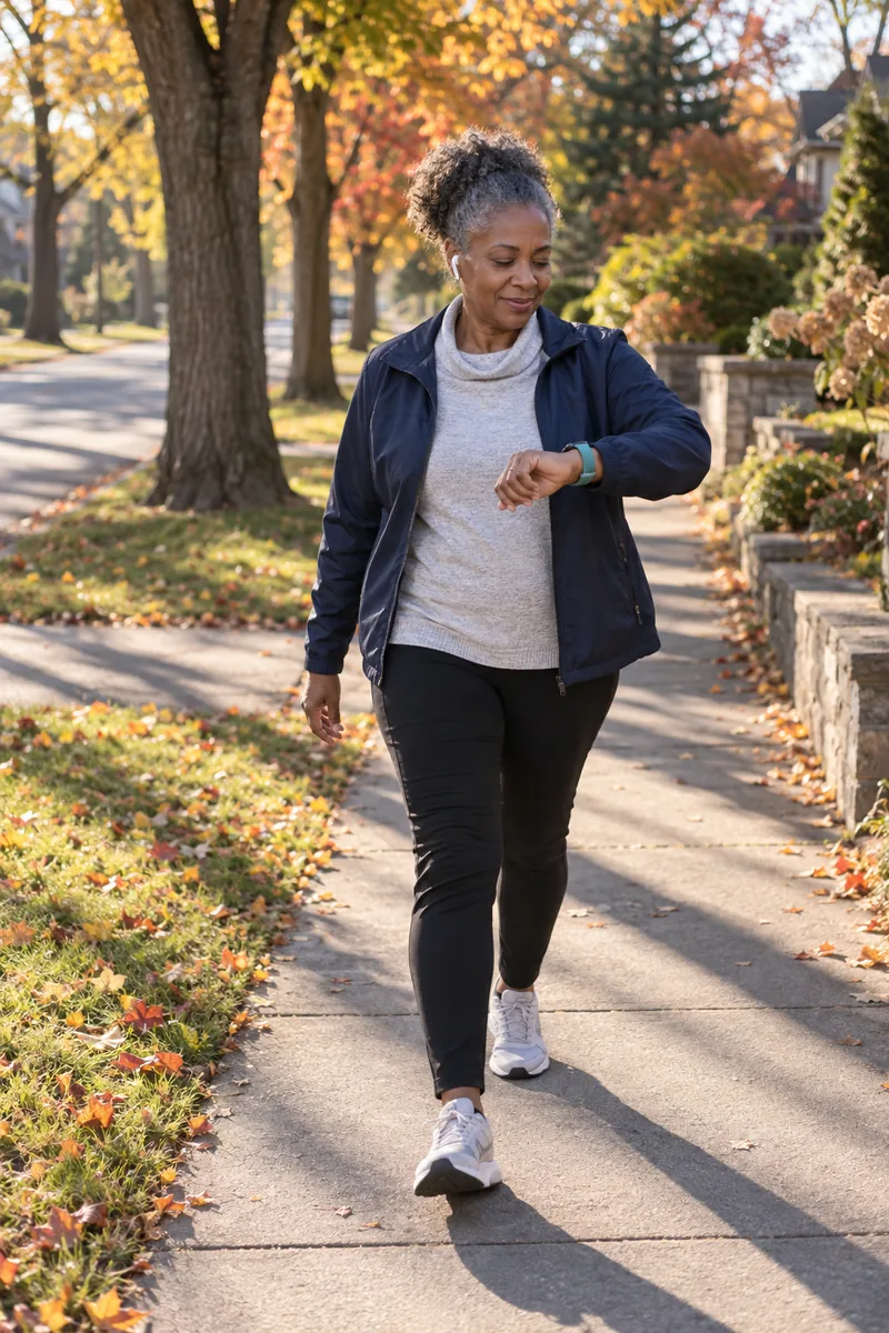 A woman on a brisk autumn morning walk with ordinary wireless music earbuds in, glancing at her watch