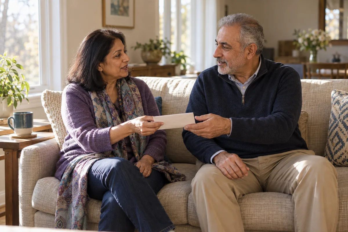 Two people on a sofa at home, one passing the other an envelope mid-conversation