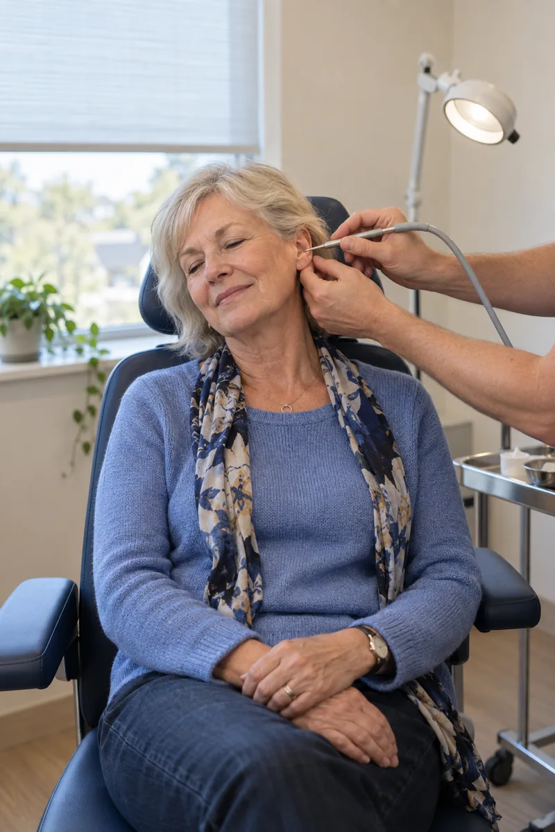 A woman sitting relaxed in a treatment chair while the specialist's hands bring a fine suction tube to her ear