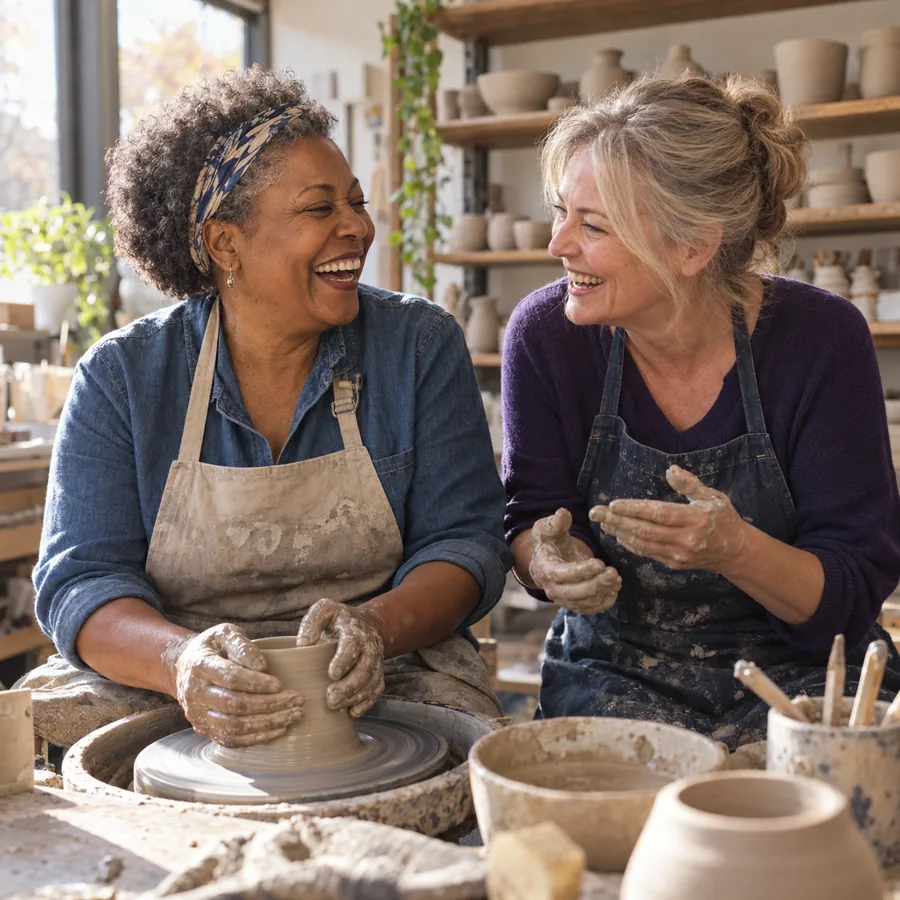 Two women laughing together at a pottery wheel in a community centre class, clay on their hands