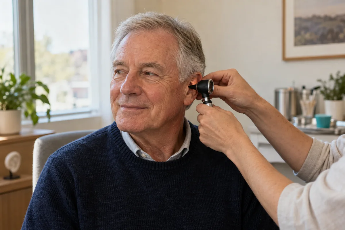 A man in his sixties sitting calmly while an otoscope is held to his ear