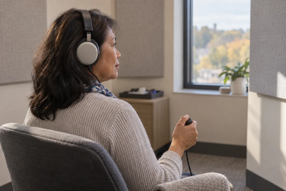 A woman seen from behind wearing headphones in a quiet testing room, thumb on the response button