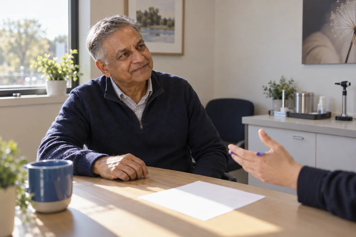 A man leaning forward in a consulting room chair, listening as his results are explained