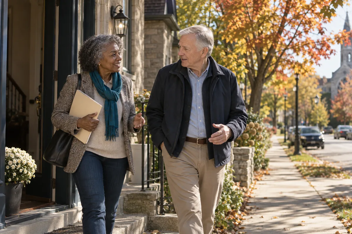 Two people stepping out onto a sunlit street, one carrying a folder, still talking