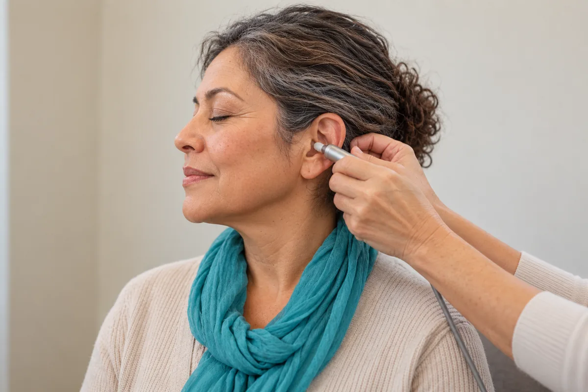 A woman in profile with her eyes closed while a small soft-tipped probe is held at the entrance of her ear for a middle ear test