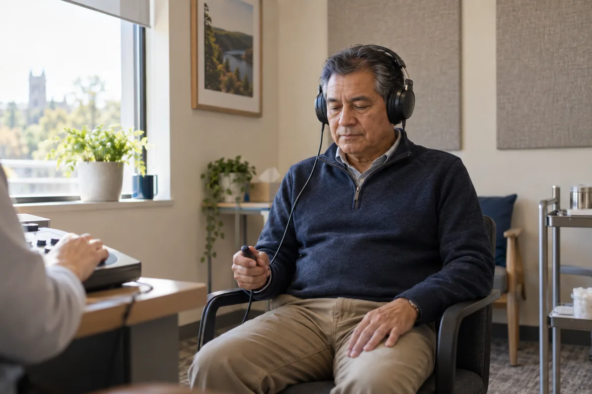 A man wearing audiometry headphones and holding a response button, concentrating as he listens for a tone