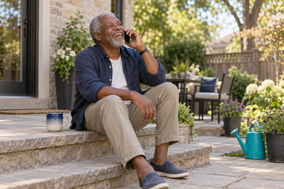 A man in his sixties sitting on his back step, laughing during a phone call on a warm afternoon