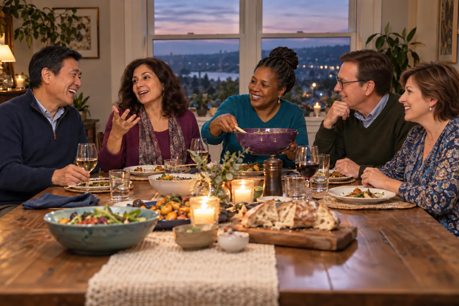 Five friends laughing around a dinner table at dusk, a bowl being passed between them