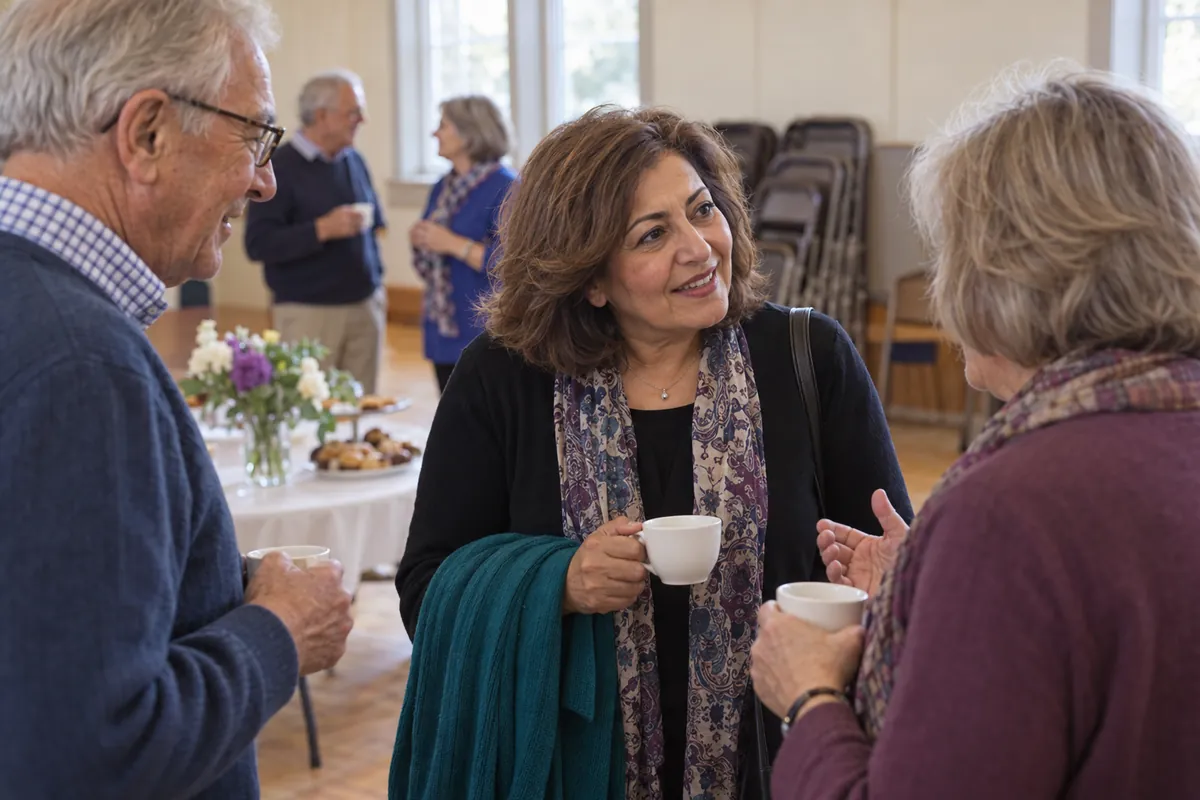 A woman in her sixties leaning in to catch what a friend is saying over the chatter of a busy community hall