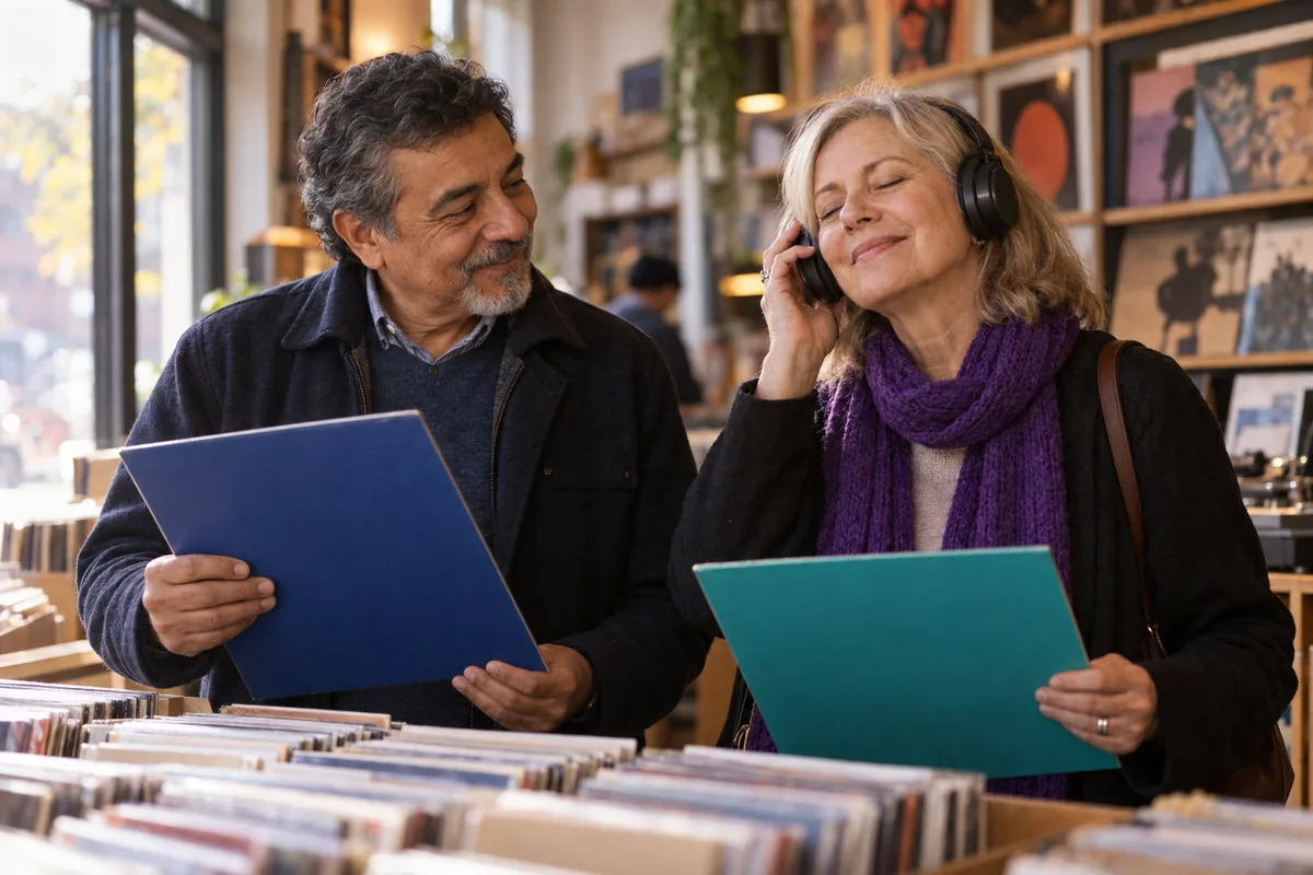 Two friends in their sixties in a small record shop, one listening through headphones with her eyes closed while the other waits for her verdict