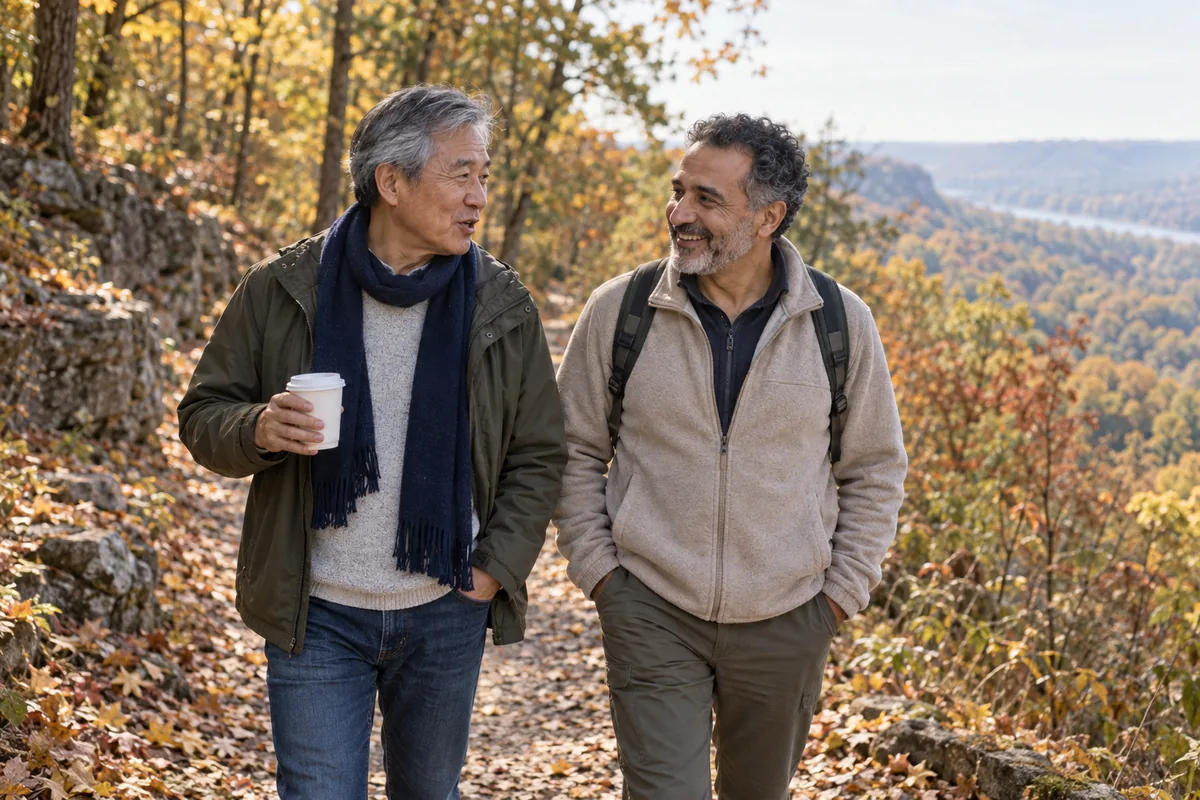 Two friends in their sixties talking on an autumn walk along the Bruce Trail above Dundas
