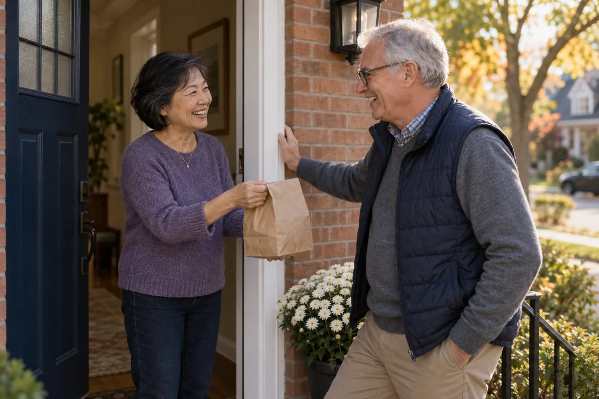 Two neighbours in their sixties laughing at an open front door in the late afternoon, one handing the other a bag from the bakery
