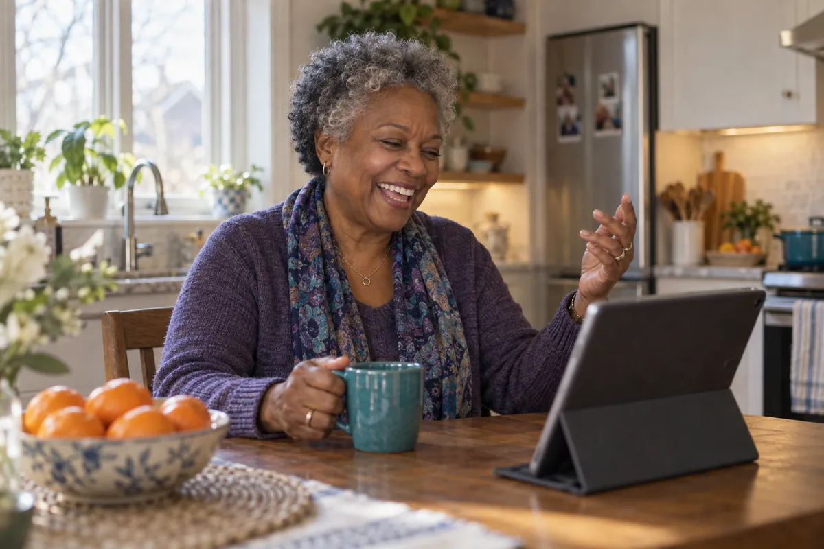 A woman in her sixties laughing during a video call at her kitchen table