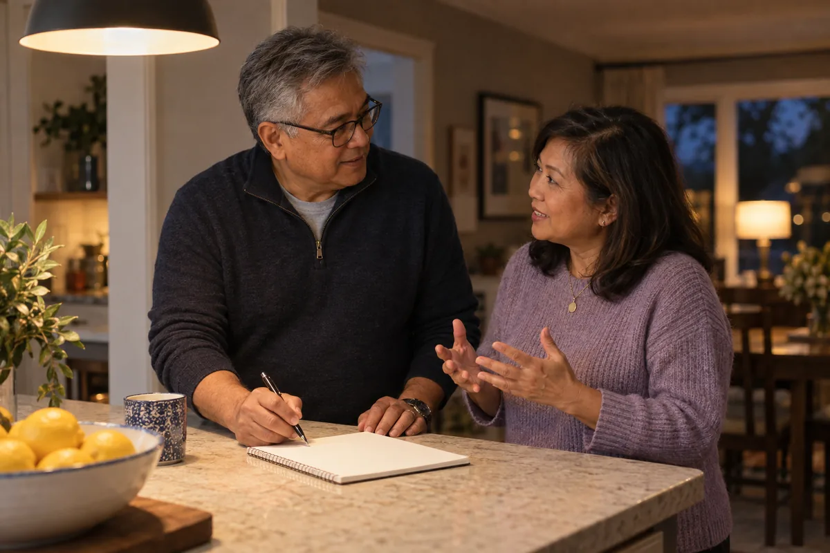 A couple in their sixties at their kitchen island in the evening, working out a monthly payment together