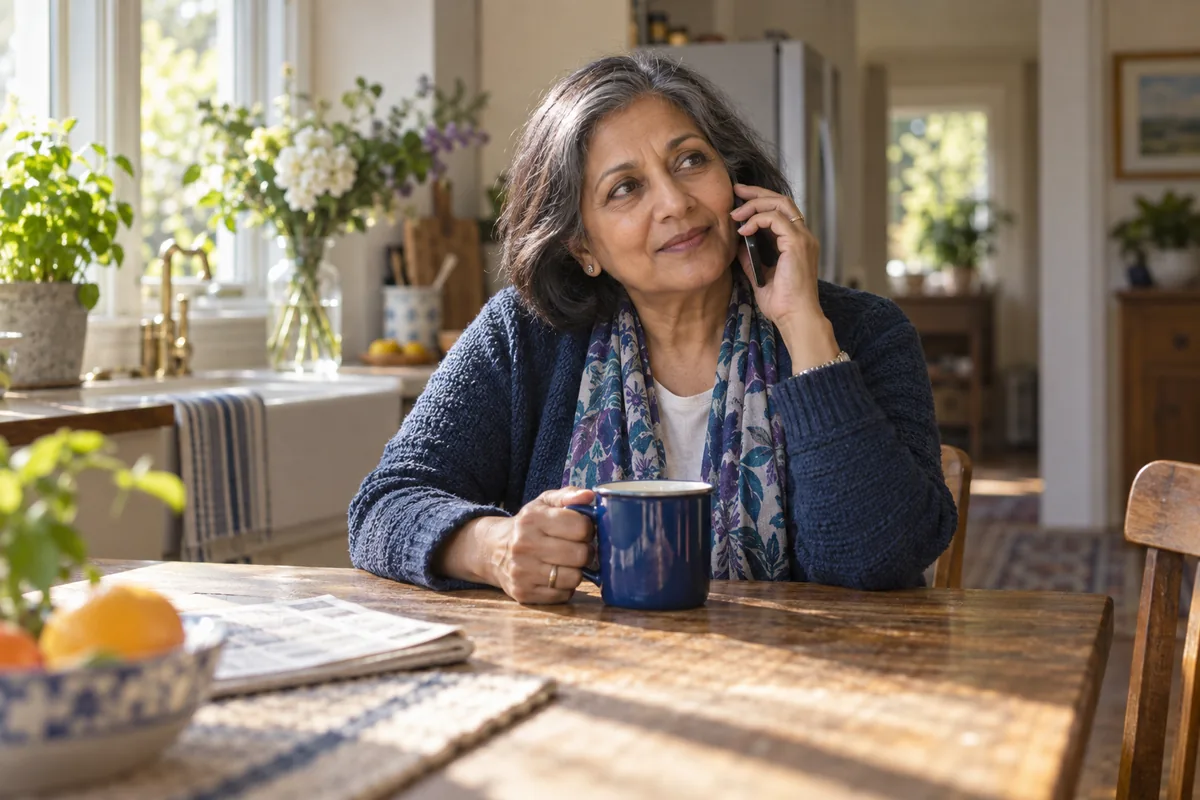 A woman in her sixties at her kitchen table, mug in one hand and phone to her ear, working out what a hearing aid will actually cost her