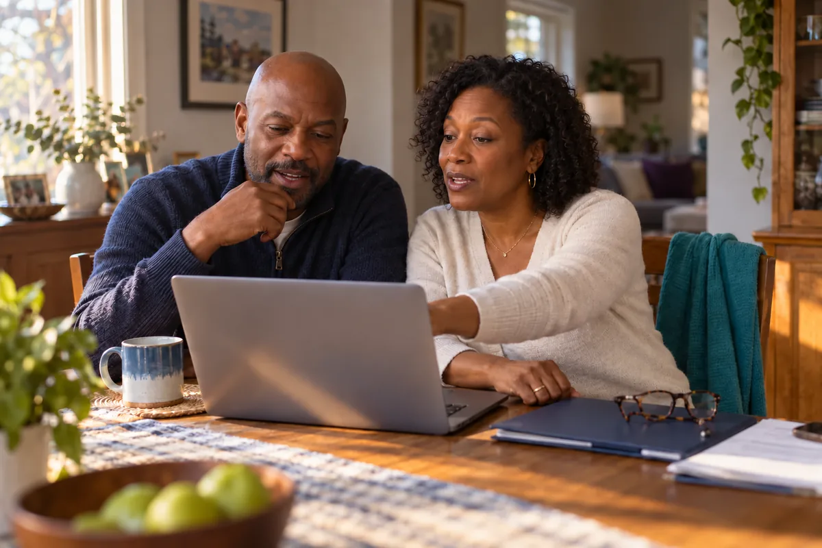 A couple at a dining table reading through funding options on a laptop together