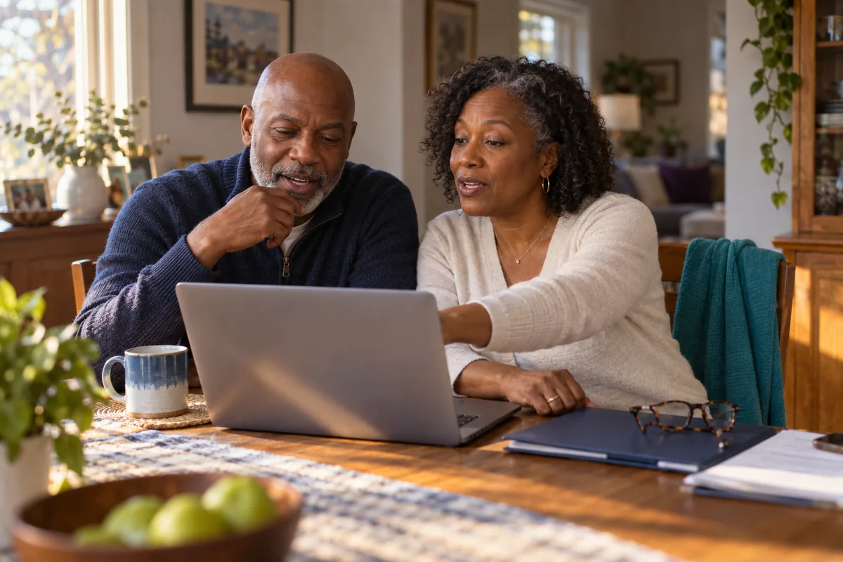 A couple in their late fifties at their dining table, reading through a benefits plan on a laptop together