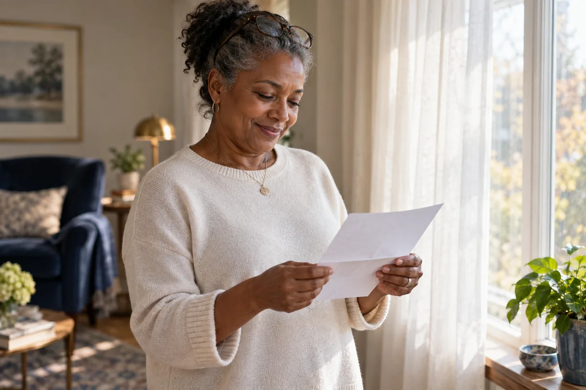 A woman in her early sixties by a bright living room window, reading a letter with her glasses pushed up, quietly pleased