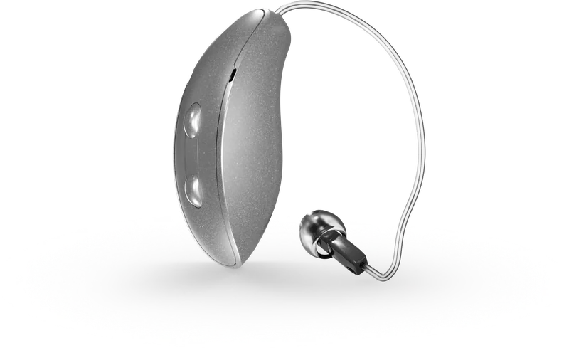 A Starkey Edge AI receiver in canal hearing aid in silver: a small unit that sits behind the ear, with a thin wire to a speaker that sits in the canal