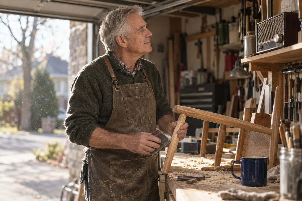 A man in his sixties stopping work at a garage bench to listen to a radio on the shelf beside him