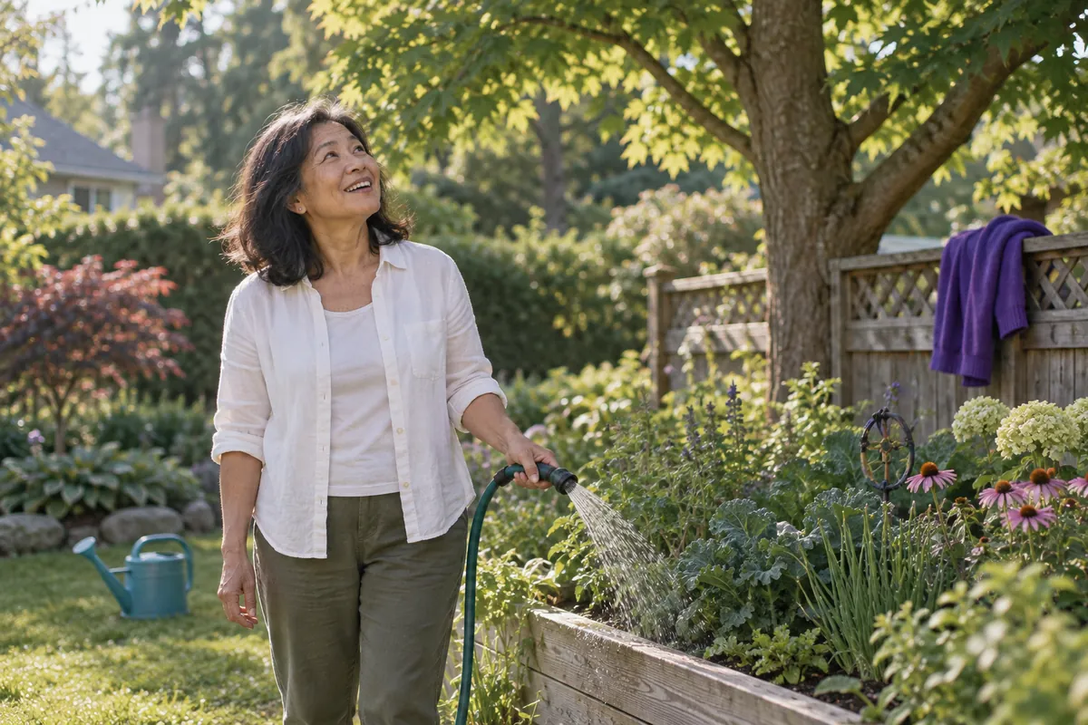 A woman in her sixties pausing while watering her garden, head turned up toward birdsong in the tree above