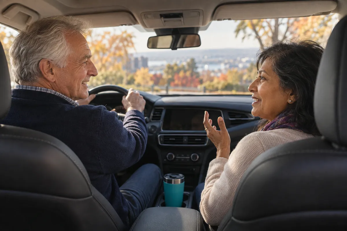 A couple in their sixties talking in the front seats of a parked car on an autumn afternoon