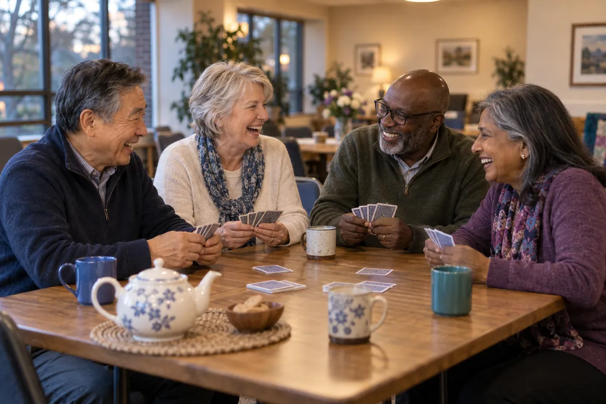 Four friends in their sixties laughing over a game of cards at a community hall table