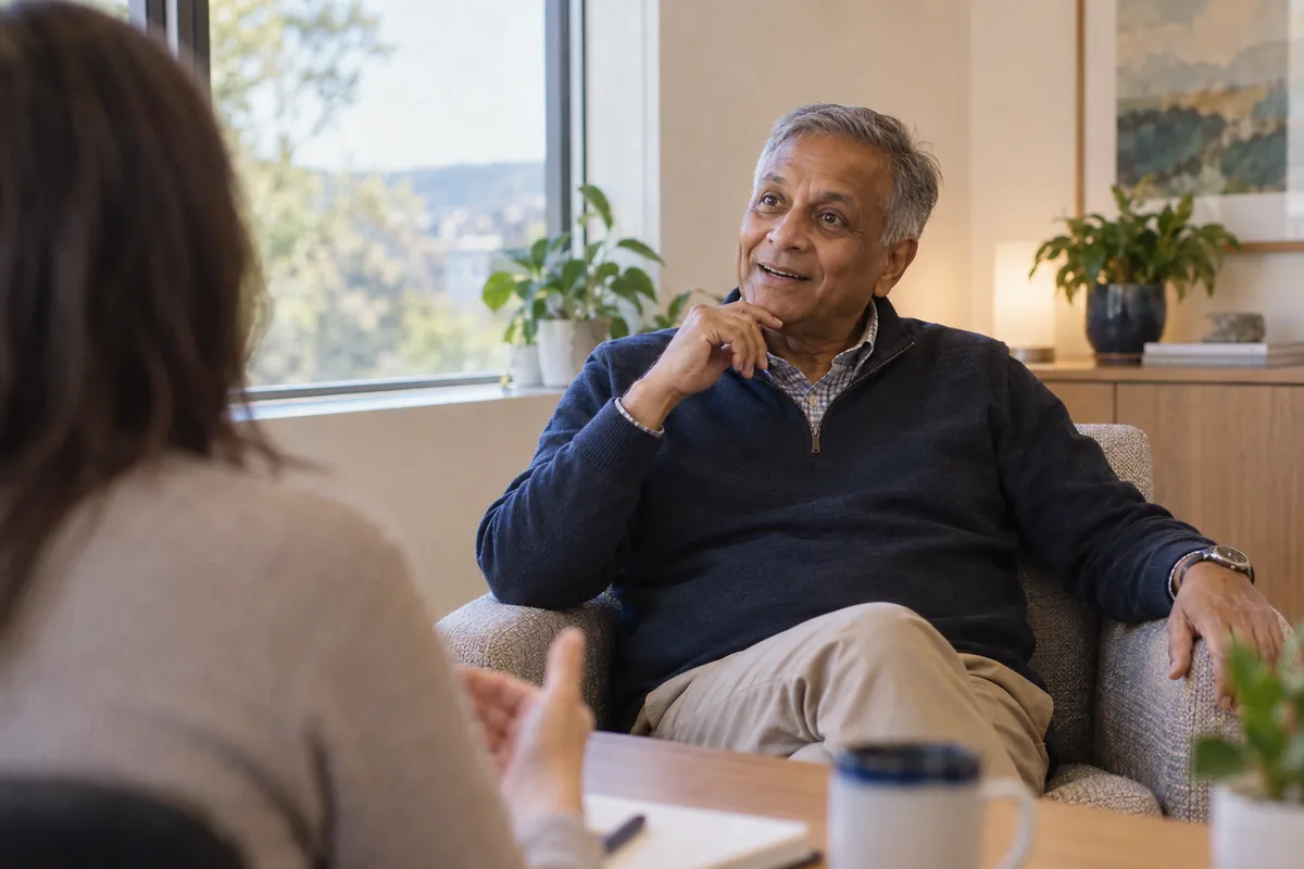 A man in his sixties in a consulting room chair, hearing a fitted hearing aid clearly for the first time