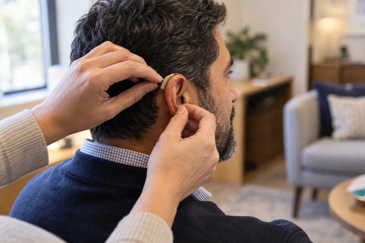 A close view over the shoulder as a small behind the ear hearing aid is settled into place for a man in his fifties