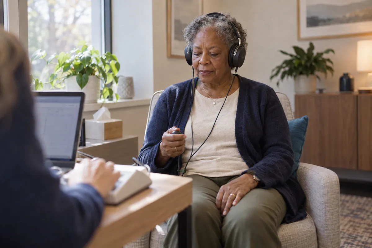 A woman in her sixties wearing audiometry headphones in a quiet consulting room, a response button in her hand