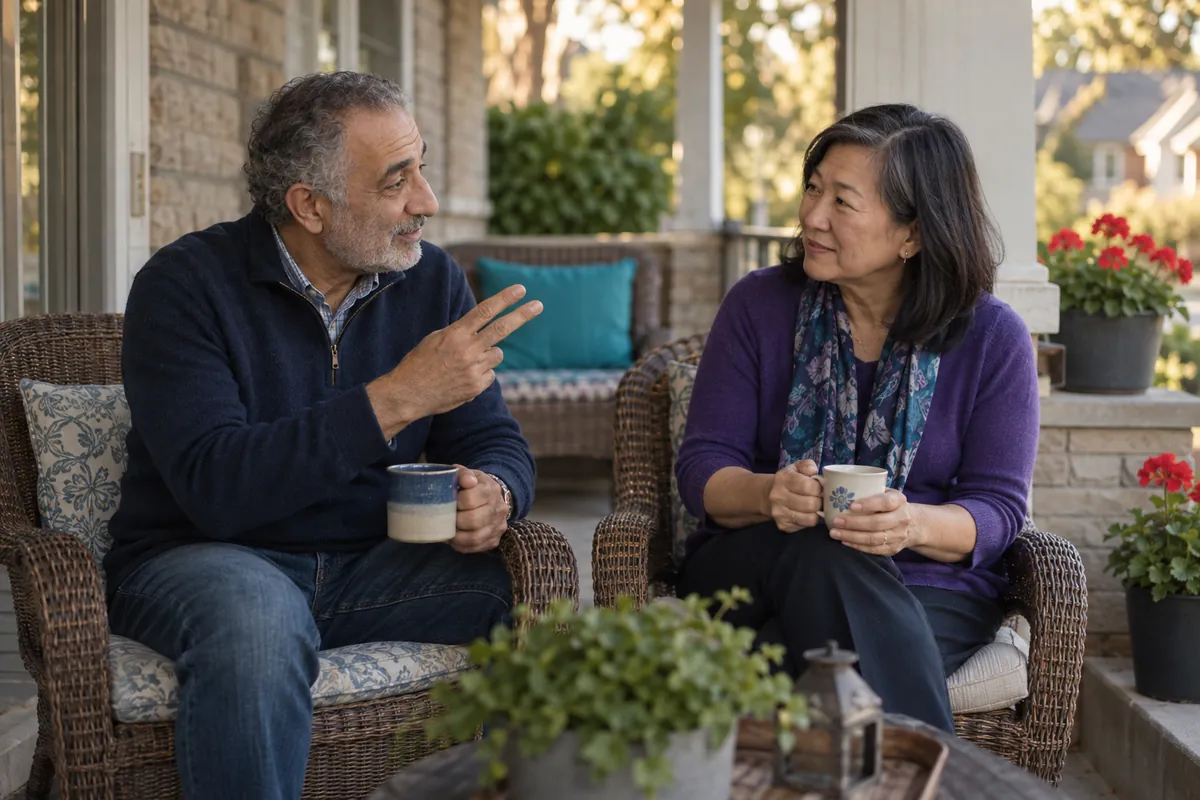 Two people in their sixties talking over coffee on a front porch, one counting points on their fingers