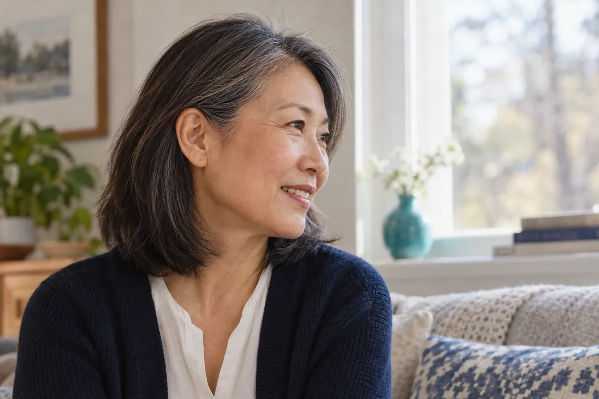 A woman in her sixties listening to someone beside her by a bright window at home