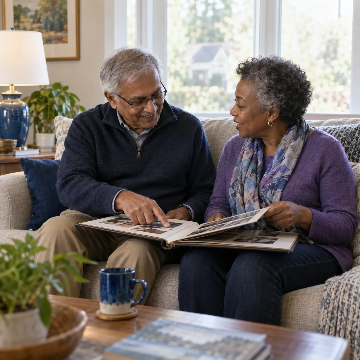 Two friends in their sixties on a sofa, going through a photo album together and talking about it