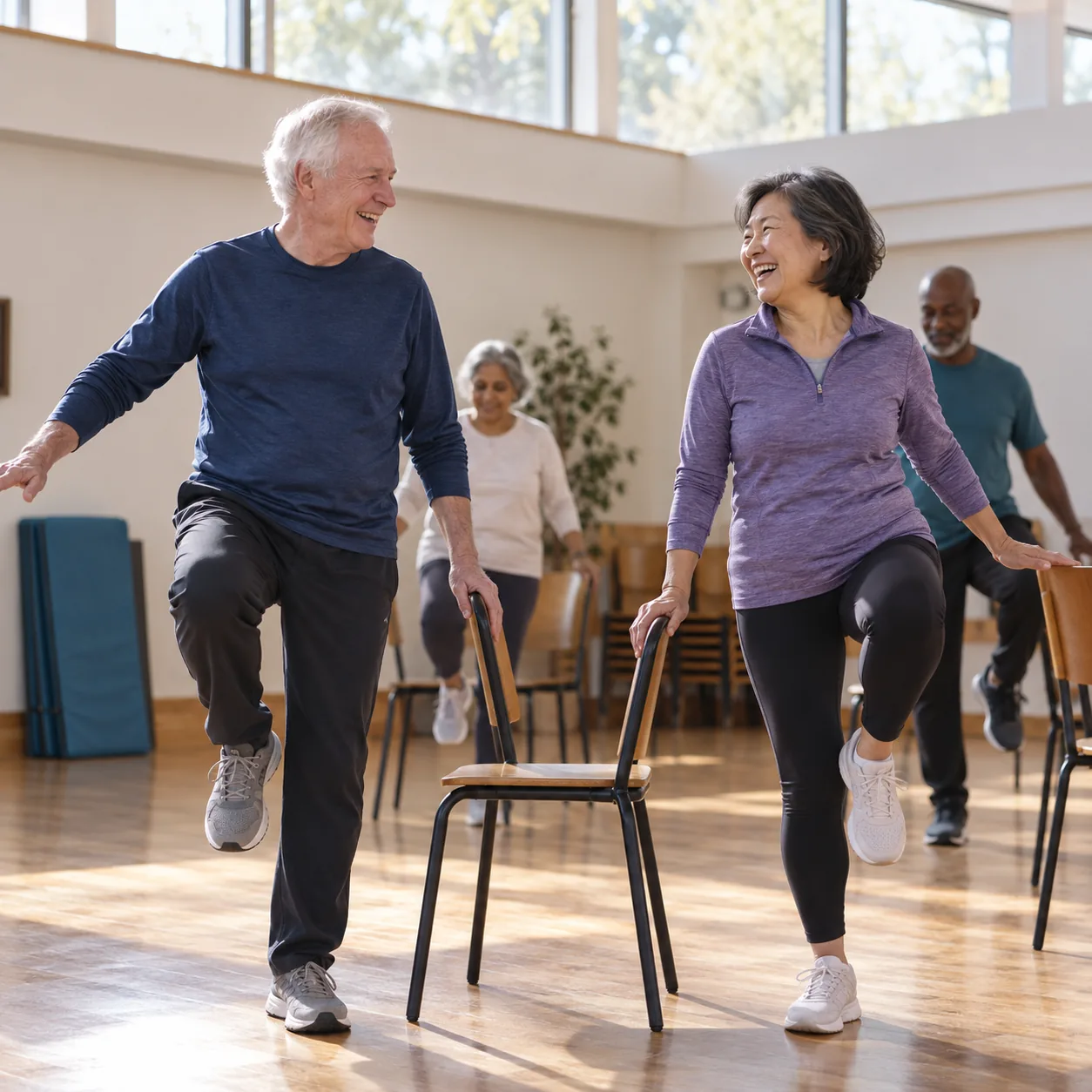 Two people in their sixties balancing on one leg in a community-hall exercise class, laughing as they steady themselves on a chair