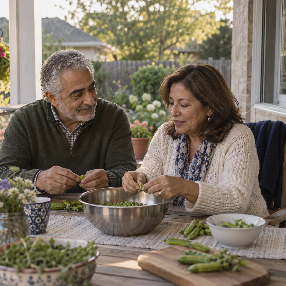 A couple shelling peas into a steel bowl at a table on a back porch in Ancaster, one leaning in to listen to the other