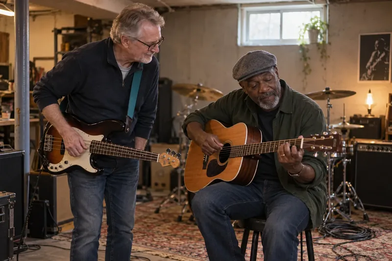 Two friends at a basement band rehearsal, one showing the other a chord on an acoustic guitar