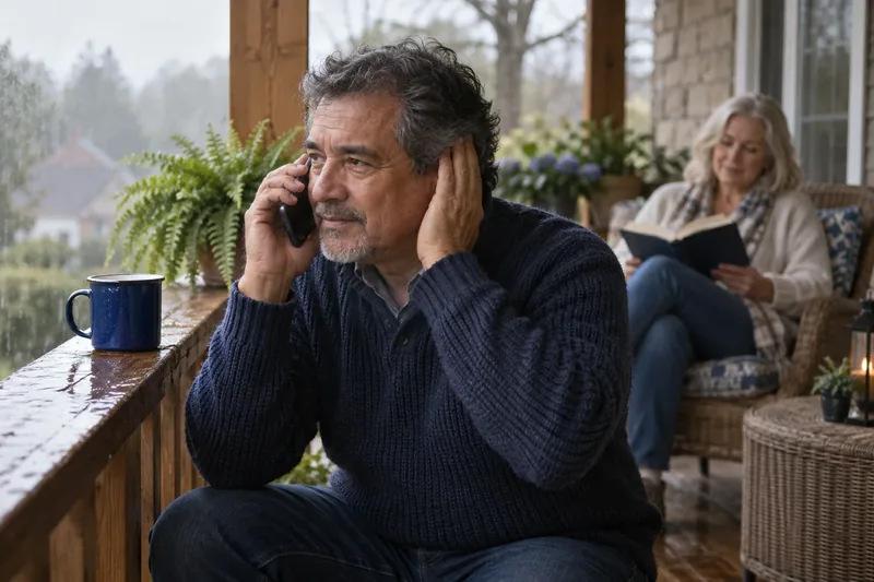A man in his early sixties on a covered porch, phone to one ear and a hand pressed over the other