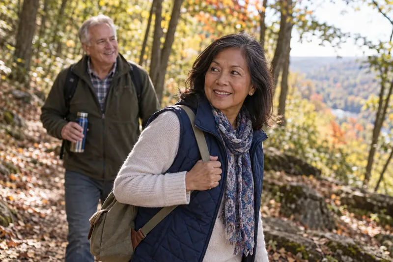 Two people walking a wooded trail in the Dundas valley on a bright autumn morning