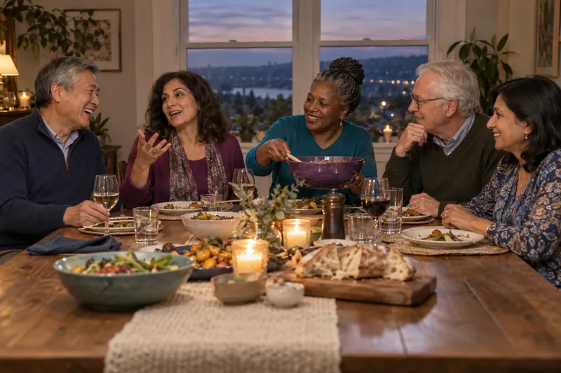 Five friends in their sixties laughing around a dinner table at dusk, a bowl being passed between them