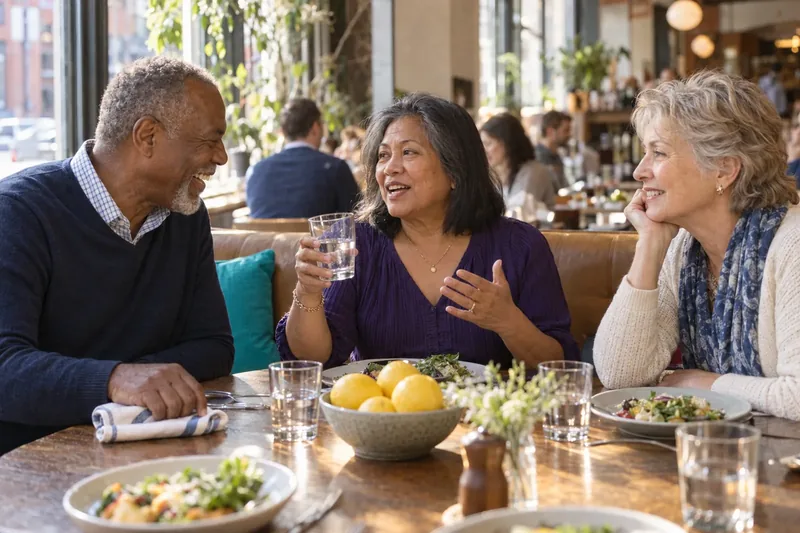 Three friends in their sixties laughing over lunch at a window table in a Hamilton restaurant