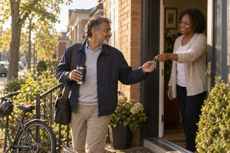 A man leaving his front door on a bright weekday morning