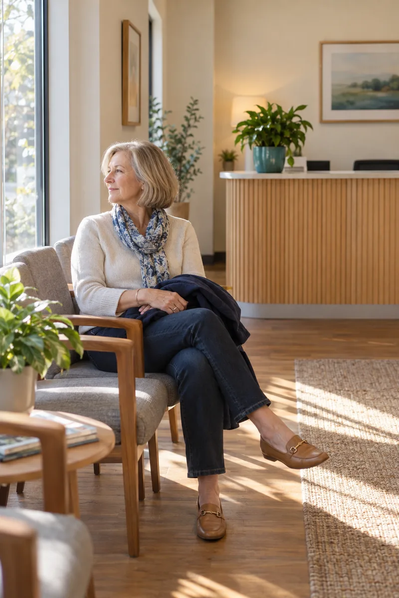 A woman waiting in a small, warmly lit clinic reception, coat over her knee, looking toward the window