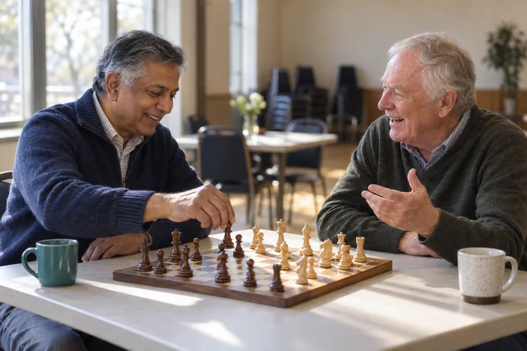 Two men over a chess board at a community hall table, one mid-move and the other talking